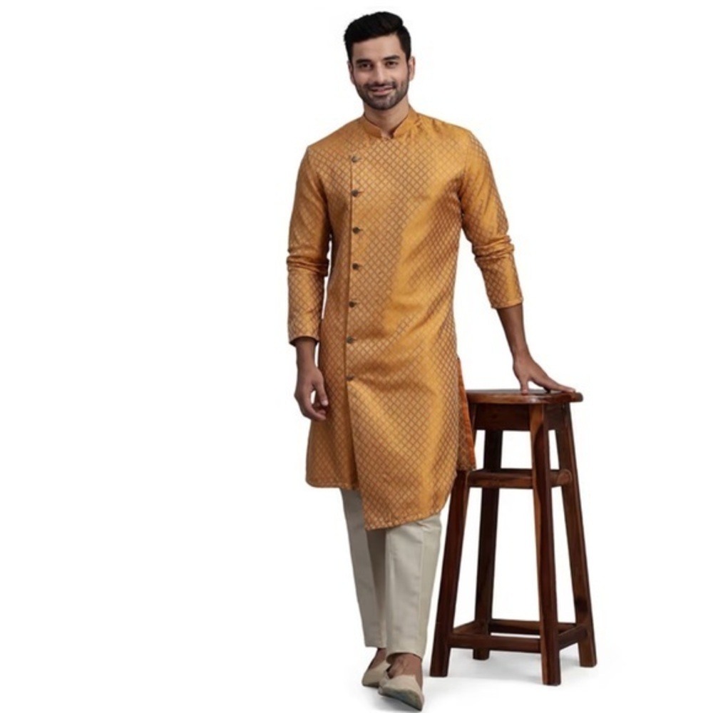 Kora by Nilesh Mitesh Kurta Sherwani Wedding Jacket Pakistani Jacquard Coat Gold